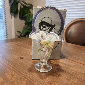 Fenton "Grape Arbor on French Opalescent" Basket w/ Violet Crest